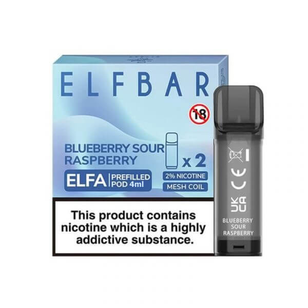 Elfa Blueberry Sour Raspberry pod kartuş, 4ml yaban mersini ve ekşi ahududu aroması ile uygun fiyatlı salt nikotin keyfi sunar.