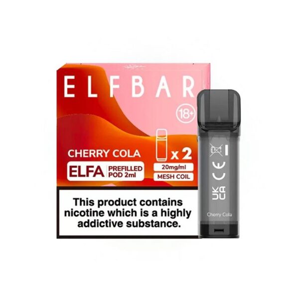 Uygun fiyatlı Elf Bar Elfa Cherry Cola Pod Kartuş, 4ml kapasiteyle vişne kola aromalı yoğun salt nikotin sunar.
