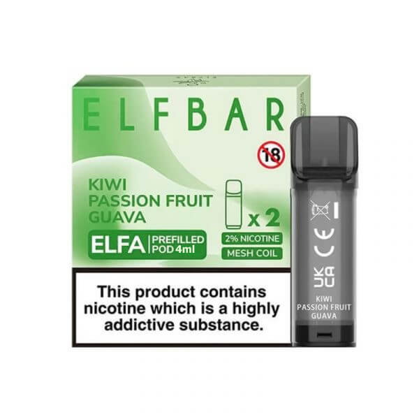 Elf Bar Elfa pod kartuşu, kivi çarkıfelek meyvesi guava aroması ve 4ml salt nikotin ile uygun fiyatlı ferahlatıcı keyif sunar.