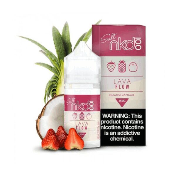 Uygun fiyatlı Naked Lava Flow 30ml, taze çilek, ananas ve hindistan cevizi harmanıyla güçlü salt nikotin deneyimi sunar.