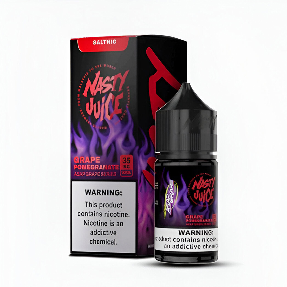 Nasty Asap Grape Pomegranate Nar ve üzüm aromalı salt nikotin likiti, pod sistemler için yoğun lezzet ve uygun fiyat sunar.