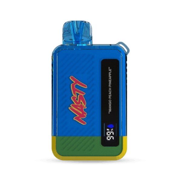 Uygun fiyatlı salt nikotin ile taze mango, şeftali ve ananas karışımı sunan Nasty Bar 10000 kullan-at vape.