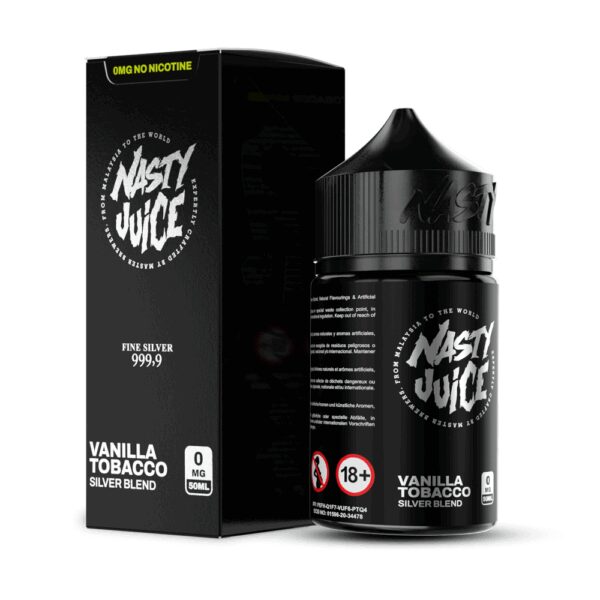Nasty Juice Silver Blend Vanilla Tobacco likit, uygun fiyat ve premium salt nikotinle pürüzsüz vanilya-tütün içimi sunar.