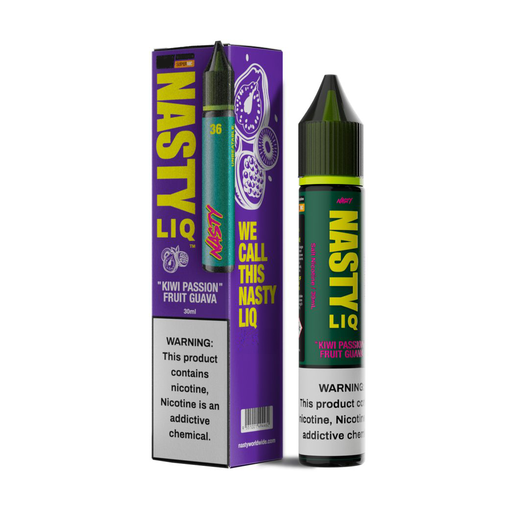 Nasty Liq Kiwi Passion Fruit Guava Likit Egzotik kivi, tutku meyvesi ve guava aromalı salt nikotin likiti, pod cihazlar için uygun fiyatlı bir seçenek.