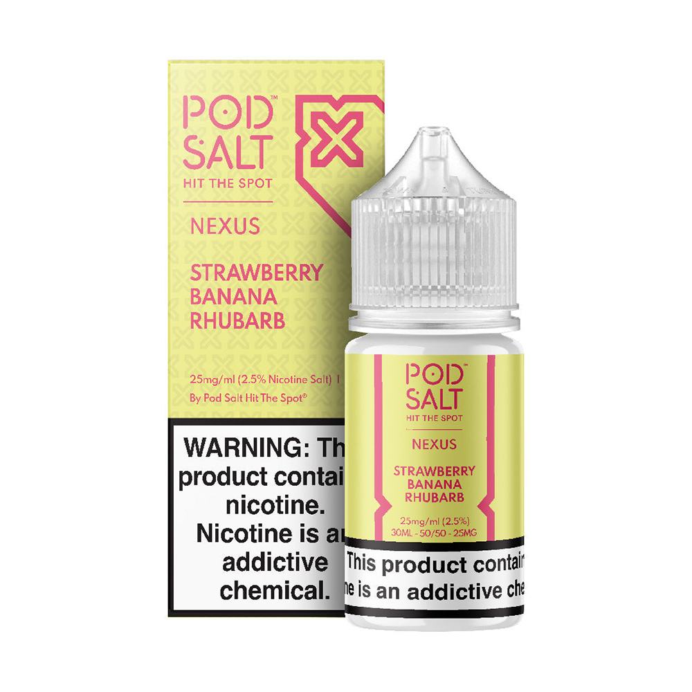 Pod Salt Strawberry Banana Rhubar Çilek, muz ve ravent aromalarıyla ferahlatıcı salt nikotin likiti uygun fiyatlı.