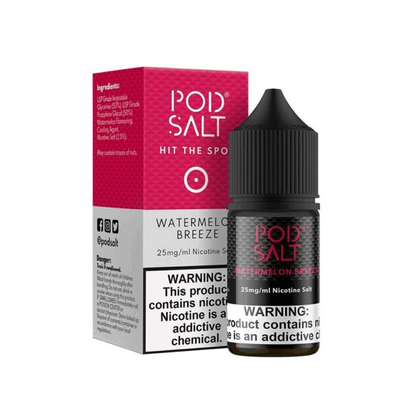Uygun fiyatlı Pod Salt Watermelon Breeze likit, ferah karpuz aromasıyla yüksek salt nikotin doygunluğu sunar.