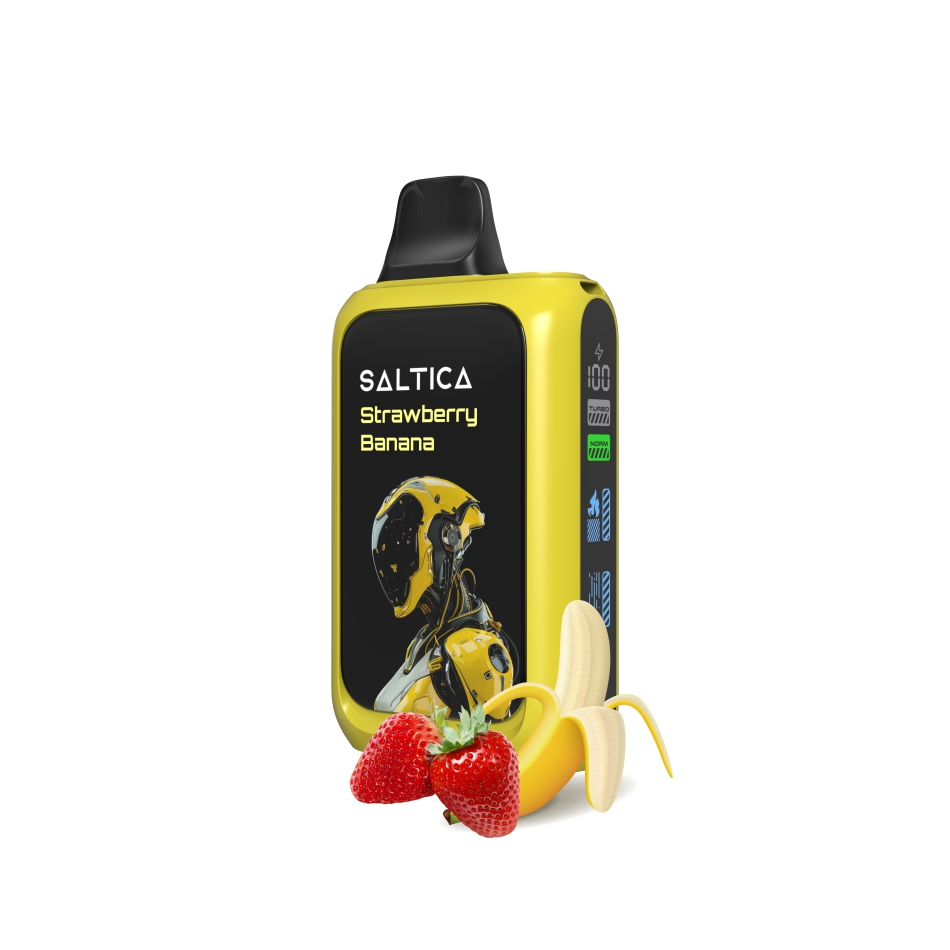 Saltica Cyber 18000 Strawberry Banana Uygun fiyatlı salt nikotin ile 18000 puf sunan çilek ve muz aromalı kullan-at vape bar.