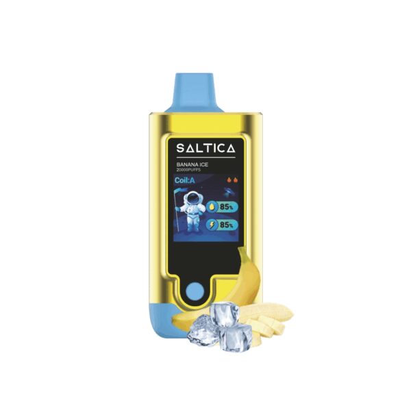 Saltica Digital 20000 Banana Ice kullan-at vape, serinletici muz tadıyla yüksek puflama ve uygun fiyatlı salt nikotin sunar.