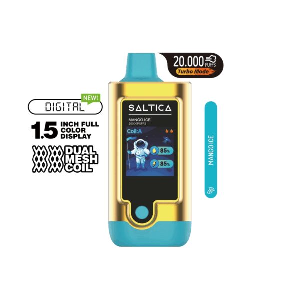 Taze mango aroması ve buzlu ferahlık sunan uygun fiyatlı Saltica Digital 20000 kullan-at vape bar, uzun süreli salt nikotin keyfi sağlar.