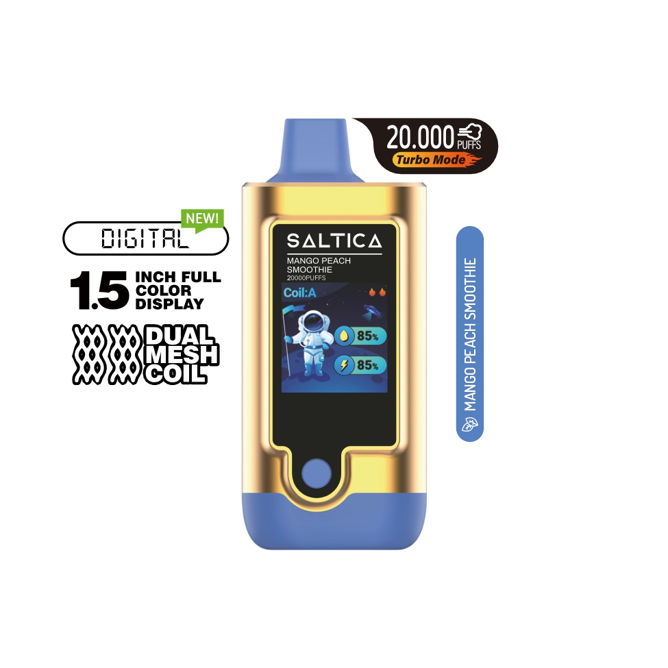 Saltica Digital 20000 Mango Peach Smoothie Uygun fiyatlı Saltica Digital vape bar, 20.000 puf ve mango şeftali aromasıyla salt nikotin keyfi sunar.