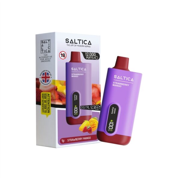 Uygun fiyatlı Saltica Ekranlı 12000 Strawberry Mango kullan-at vape bar, taze çilek ve mango aromasıyla salt nikotin sunar.
