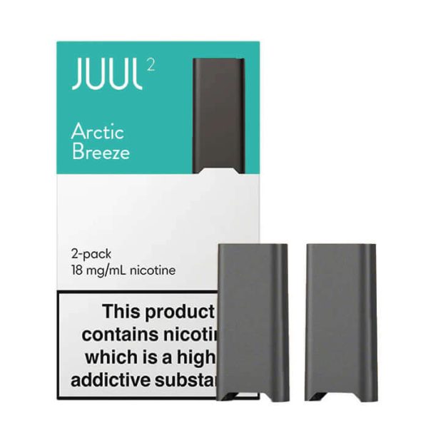 Uygun fiyatlı salt nikotin ile ferahlatıcı nane ve mentol harmanı sunan buz gibi Juul2 Arctic Breeze kartuş.