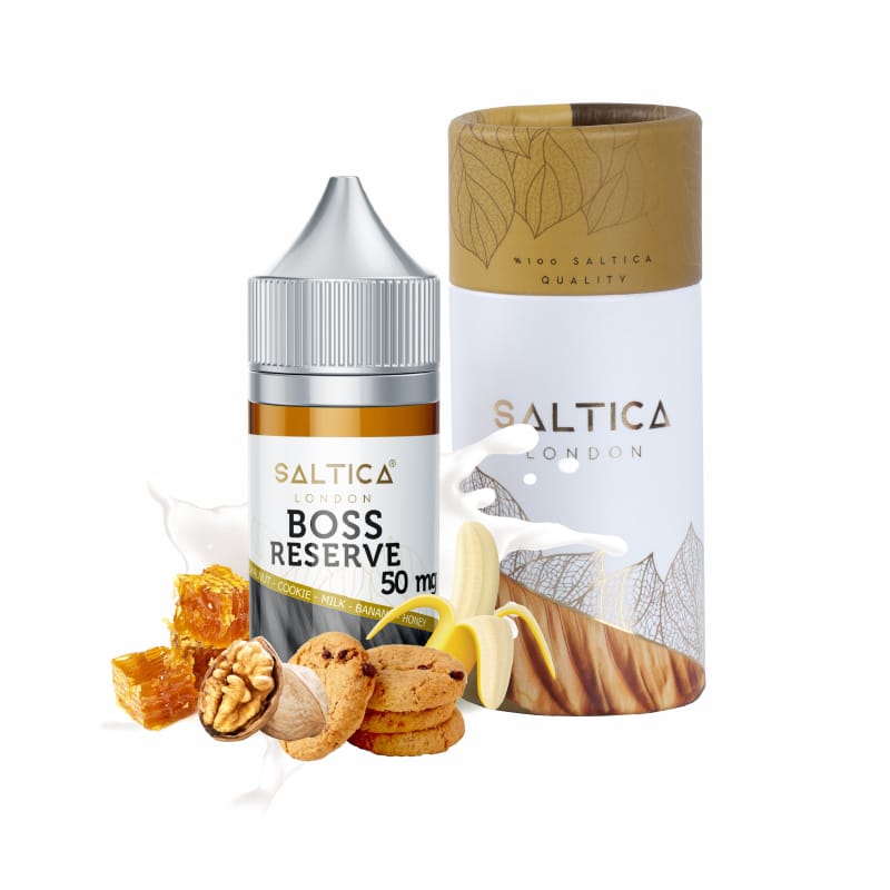 Saltica Boss Reserve Salt Likit 35/50mg - 3 Ceviz, kurabiye ve muz aromalı Saltica Boss Reserve salt likit, uygun fiyatlı 35mg ve 50mg seçenekleriyle sunulur.