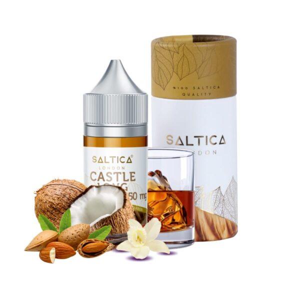 Uygun fiyatlı Saltica Castle Long Salt Likit, hindistan cevizi, badem, vanilya ve burbon aromalarıyla 35mg veya 50mg salt nikotin seçeneği sunar.