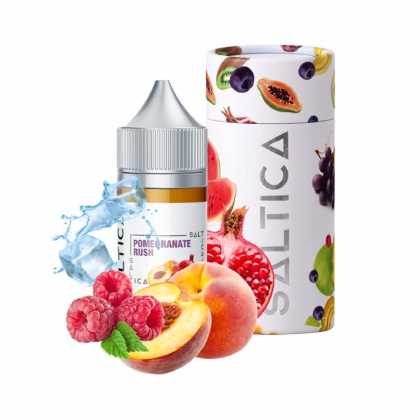Nar, ahududu, şeftali ve krema notalarıyla zengin lezzet sunan Saltica Pomegranate Rush salt likit, uygun fiyatlı 35mg ve 50mg salt nikotin seçeneklerine sahiptir.